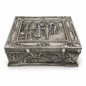 Vintage Ornate Silver Tone Trinket Jewelry Box Courtly Scene Red Velvet Lined